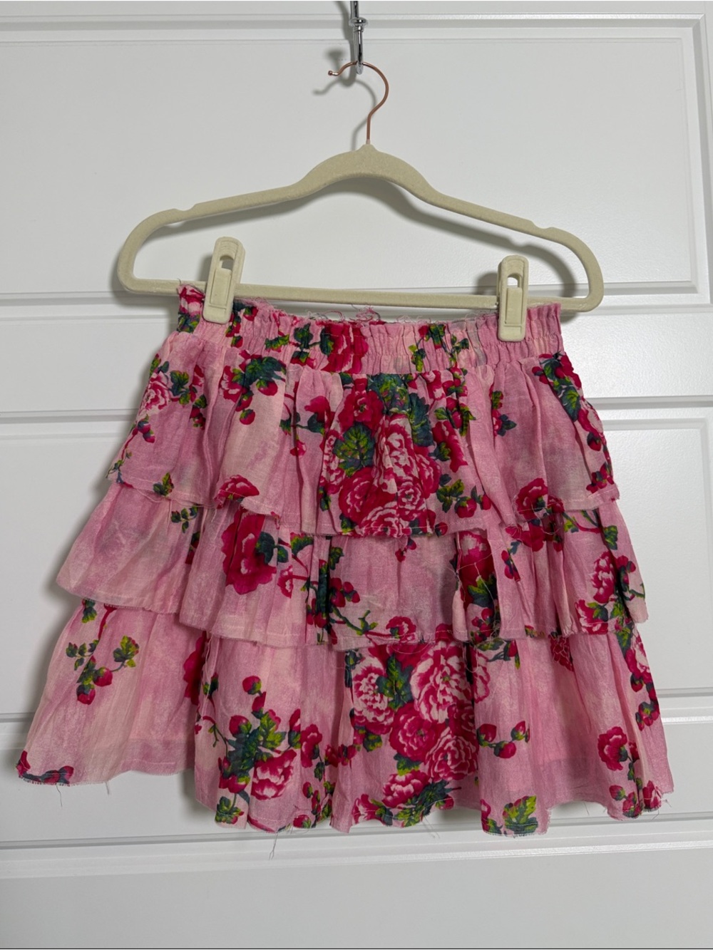 LoveShackFancy Pink Floral Tiered Skirt with Ruffles Size XS